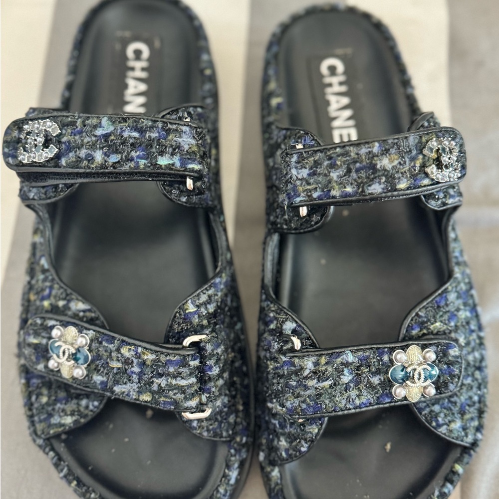 Chanel Blue Tweed Velcro Sandals